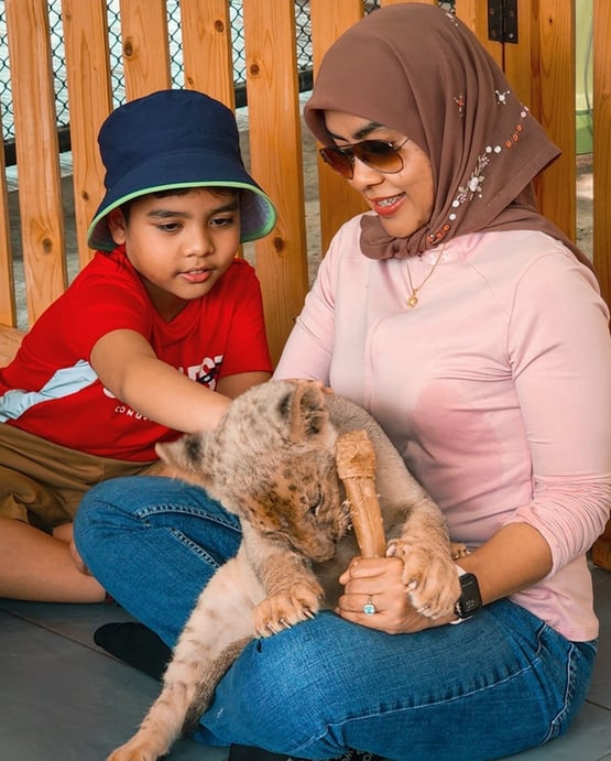 Kanchanaburi, Thailand - a person and child petting a lion cub at safari park